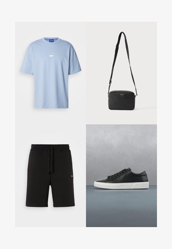 Lichtblauw T-shirt met korte mouwen van katoen, met een ronde hals en een wit rechthoekig logo op het midden van de voorkant.; Zwarte katoenen shorts met een elastische tailleband en drawstring. Voorzien van zijzakken en een klein logo aan de voorkant. Glad textuur.; Zwarte leren sneaker met ronde neus, textuur op het oppervlak, witte rubberen zool en zwarte veters. Minimalistisch ontwerp met een slanke uitstraling.; Zwarte rechthoekige crossbodytas met verstelbare band en BOSS-logo aan de voorkant, tegen een effen lichte achtergrond.