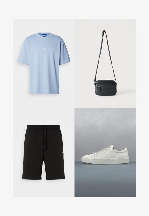 Lyseblå kortærmet t-shirt lavet af bomuld, med rund hals og et hvidt rektangulært logo i midten foran.; Sorte bomulds shorts med elastisk talje og snøre. Har sidelommer og et lille logo foran. Glat tekstur.; Hvid lædersneaker med rund tå, minimalistisk design, grå snørebånd og en tekstureret grå gummisål. Subtile syningsdetaljer er synlige.; Sort crossbody taske med en frontlynlåslomme, tekstureret overflade og justerbar strop, der hænger mod en ensartet lys baggrund.