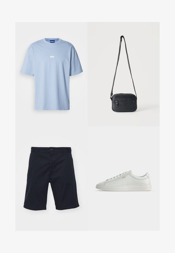 Helles blaues T-Shirt mit kurzen Ärmeln aus Baumwolle, mit Rundhalsausschnitt und einem weißen rechteckigen Logo auf der Vorderseite in der Mitte.; Navyblaue Baumwollshorts mit Knopfverschluss, geradem Schnitt und Seitentaschen. Sie verfügen über eine glatte Textur und ein schlichtes Design.; Weißer Leder-Sneaker in niedriger Ausführung mit Schnürsenkeln, flacher Sohle und kleinem goldfarbenem "BOSS" Logo an der Seite, von der Außenseite betrachtet.; Schwarze Umhängetasche mit vorderer Reißverschlusstasche, strukturierter Oberfläche und verstellbarem Riemen, die vor einem schlichten hellen Hintergrund hängt.