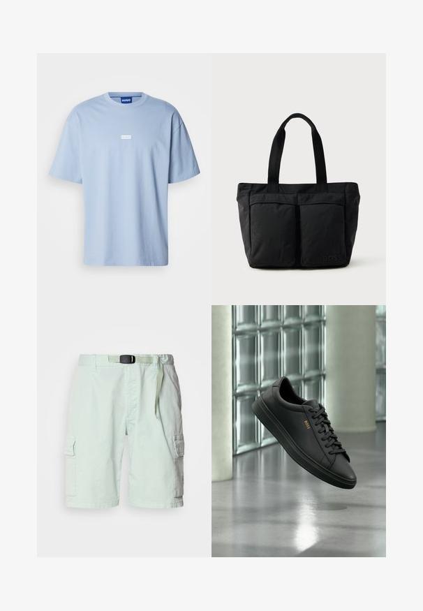 Lichtblauw T-shirt met korte mouwen van katoen, met een ronde hals en een wit rechthoekig logo op het midden van de voorkant.; Lichtgroene cargoshorts van lichte stof met een riem, zijzakken en een relaxed fit.; Zwarte lage leren sneaker met zwarte veters en gouden BOSS-logo aan de zijkant, zwevend boven glanzende grijze vloer in een moderne binnenruimte.; Zwarte tote bag met een zachte stoffen constructie, twee voorvakken en stevige handvatten. Logo aan de zijkant weergegeven. Eenvoudig, functioneel ontwerp.