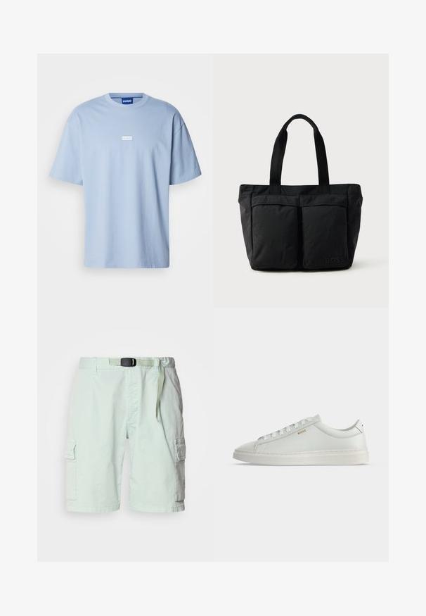 Camiseta de manga corta azul claro hecha de algodón, con cuello redondo y un logo rectangular blanco en el centro del frente.; Pantalones cortos cargo verde claro fabricados con un tejido ligero, que cuentan con un cinturón, bolsillos laterales y un corte relajado.; Zapatilla blanca de cuero de corte bajo con cordones, suela plana y pequeño logo dorado "BOSS" en el lateral, vista desde el lado exterior.; Bolso tote negro con una construcción de tela suave, dos bolsillos frontales y asas resistentes. Logo mostrado en el lateral. Diseño simple y funcional.