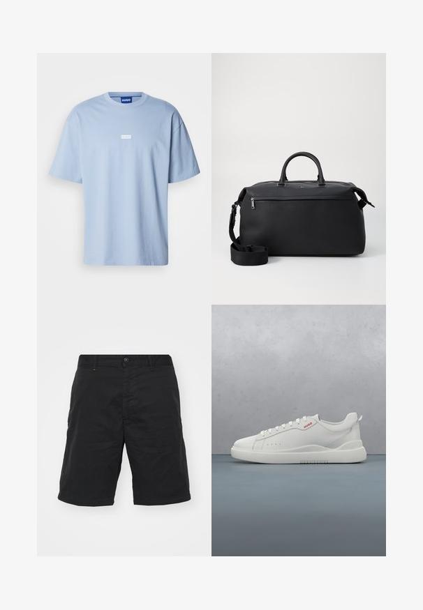 Camiseta de manga corta azul claro hecha de algodón, con cuello redondo y un logo rectangular blanco en el centro del frente.; Pantalones cortos negros hechos de una tela ligera, con cierre de botón, lazos para cinturón y un corte recto. Diseño simple sin patrones visibles.; Zapatilla blanca con un acabado de cuero liso, punta redonda, cuatro ojales, perforaciones sutiles y un detalle de logo rojo en el lateral.; Bolsa de viaje de cuero negro con dos asas superiores, una correa de hombro desmontable y un bolsillo frontal con cremallera para almacenamiento adicional.