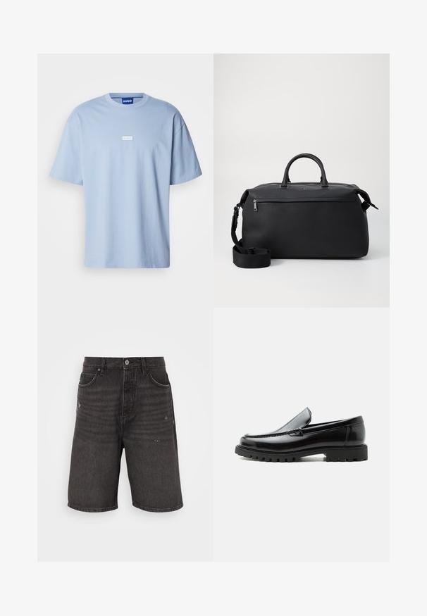 Camiseta de manga corta azul claro hecha de algodón, con cuello redondo y un logo rectangular blanco en el centro del frente.; Shorts de mezclilla negra con un corte relajado, que cuentan con bolsillos frontales, una textura desgastada y una cinturilla clásica con un cierre de botón sencillo.; Mocasín de cuero negro con suela de goma gruesa, empeine cosido y nombre de la marca en relieve en el talón, mostrado en perfil lateral sobre fondo blanco.; Bolsa de viaje de cuero negro con dos asas superiores, una correa de hombro desmontable y un bolsillo frontal con cremallera para almacenamiento adicional.