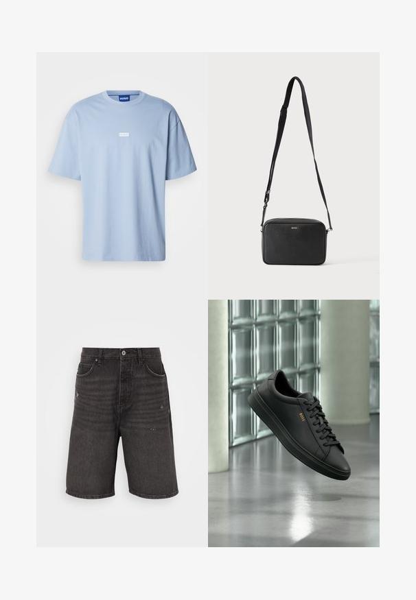 Lyseblå kortærmet t-shirt lavet af bomuld, med rund hals og et hvidt rektangulært logo i midten foran.; Sorte denim shorts med afslappet pasform, der har frontlommer, en slidt tekstur og et klassisk taljebånd med en enkelt knaplukning.; Sort lavtopet lædersneaker med sorte snørebånd og gyldent BOSS-logo på siden, svævende over en blank grå gulv i et moderne indendørs rum.; Sort rektangulær crossbody taske med justerbar rem og BOSS-logo foran, sat mod en ensfarvet lys baggrund.