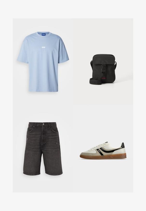 Camiseta de manga corta azul claro hecha de algodón, con cuello redondo y un logo rectangular blanco en el centro del frente.; Shorts de mezclilla negra con un corte relajado, que cuentan con bolsillos frontales, una textura desgastada y una cinturilla clásica con un cierre de botón sencillo.; Zapatilla blanca y beige de perfil bajo con detalle de raya negra, suela de goma marrón y logo de BOSS en el lateral, fotografiada sobre fondo blanco.; Bolso mensajero negro hecho de tela duradera. Cuenta con un cierre de solapa, una correa ajustable con un logo en relieve y un detalle de hebilla en la parte delantera.