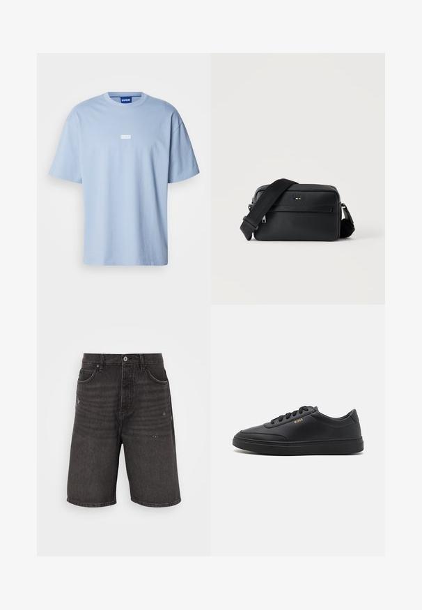 Helles blaues T-Shirt mit kurzen Ärmeln aus Baumwolle, mit Rundhalsausschnitt und einem weißen rechteckigen Logo auf der Vorderseite in der Mitte.; Schwarze Jeansshorts mit lockerer Passform, die über Fronttaschen, eine gebraucht aussehende Textur und einen klassischen Bund mit einem einzelnen Knopfverschluss verfügen.; Schwarze Leder-Sneaker mit glatter Textur, runder Zehenpartie, flacher Gummisohle und einfarbigen Schnürsenkeln. Mit goldfarbenem "BOSS" Logo an der Seite.; Schwarze, strukturierte Leder-Crossbody-Tasche mit vorderer Reißverschlusstasche und verstellbarem breitem Stoff-Schulterriemen auf weißem Hintergrund.