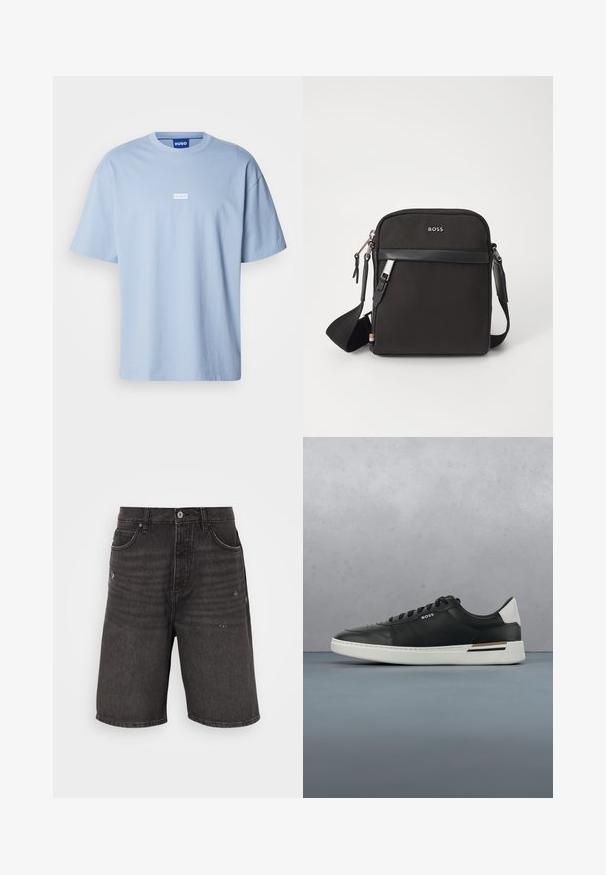 Lyseblå kortærmet t-shirt lavet af bomuld, med rund hals og et hvidt rektangulært logo i midten foran.; Sorte denim shorts med afslappet pasform, der har frontlommer, en slidt tekstur og et klassisk taljebånd med en enkelt knaplukning.; Sort lædersneaker med hvid sål, har perforeringer, snørebåndsdesign, logo på siden og kontrasterende hældetalje i hvid og brun.; Sort crossbody taske med et struktureret stof, logo på fronten, lynlås lukning og justerbar rem. Har en glat læderkant.