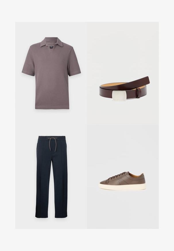 Polo manches courtes mauve en tissu texturé avec une petite étiquette noire "BOSS" au col en V.; Pantalon bleu marine à coupe décontractée, taille élastique et cordon de serrage. Fabriqué en tissu doux, avec deux poches latérales et des jambes droites.; Baskets en cuir marron à texture lisse, semelle extérieure crème contrastante, bout arrondi et lacets marron foncé ; présente un logo discrètement embossé.; Ceinture en cuir marron avec une boucle rectangulaire en argent, texture lisse et doublure intérieure plus claire contrastante. Design simple et classique.