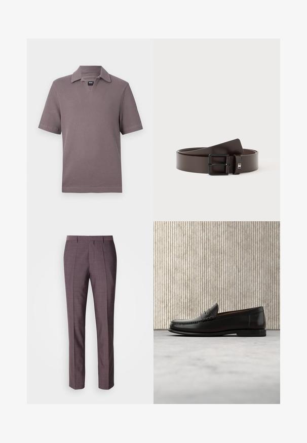 Polo manches courtes mauve en tissu texturé avec une petite étiquette noire "BOSS" au col en V.; Pantalons sur mesure pour hommes dans une teinte violette douce, présentant une texture lisse, une coupe droite et des plis avant pour un détail supplémentaire.; Mocassin penny en cuir noir avec talon bas, bout arrondi et détails cousus à l'avant et sur les côtés, présenté sur un fond neutre.; Ceinture en cuir marron foncé avec une boucle métallique rectangulaire noire, enroulée sur un fond blanc.