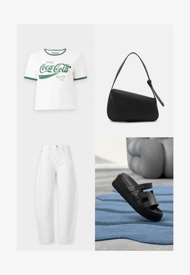 Λευκό βαμβακερό T-shirt με πράσινη ριγωτή λαιμόκοψη και μανίκια, που διαθέτει φθαρμένο γραφικό κείμενο της Coca-Cola σε πράσινο χρώμα.; Λευκό τζιν με ψηλή μέση, με κουμπί μπροστά, φερμουάρ, θηλιές για ζώνη και σχέδιο με πέντε τσέπες σε μονόχρωμο φόντο.; Μαύρο πέδιλο πλατφόρμας με τρεις λουριά, ακουμπισμένο σε μπλε χαλί με κυματιστή υφή, σε εσωτερικό χώρο κοντά σε θολό, στρογγυλεμένο καναπέ.; Μαύρη δερμάτινη τσάντα χειρός με τριγωνικό σχήμα, γωνιακή καπάκι και στρογγυλή λαβή στην κορυφή. Διαθέτει λεία υφή και μινιμαλιστικά σχεδιαστικά στοιχεία.