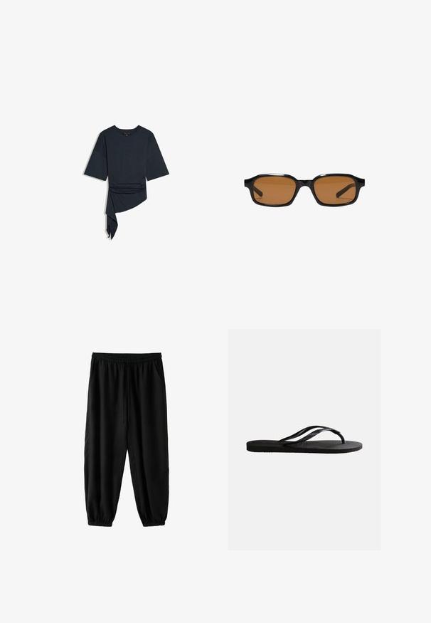 Schwarzes asymmetrisches Kurzarmoberteil mit rundem Ausschnitt und gerafftem Detail auf einer Seite, das in ein hängendes, drapiertes Paneel übergeht.; Schwarze Hosen mit elastischem Bund und Kordelzug, seitlichen Taschen und elastischen Bündchen an den Knöcheln.; Schwarze Gummizehensandale mit strukturiertem Fußbett und dünnen, Y-förmigen Riemen vor einfachem weißem Hintergrund.; Schwarze rechteckige Sonnenbrille mit dickem Rahmen und braunen getönten Gläsern, von vorne auf weißem Hintergrund gezeigt.