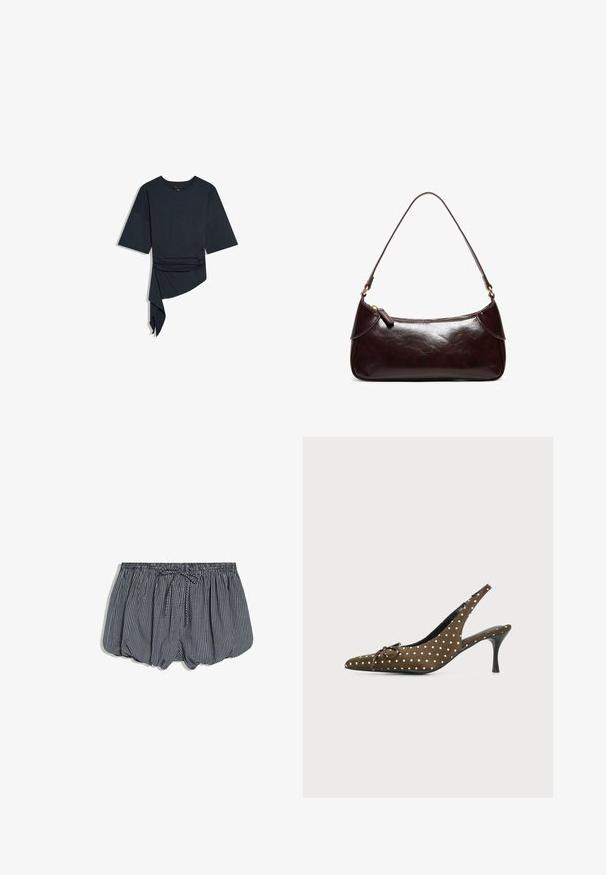 Schwarzes asymmetrisches Kurzarmoberteil mit rundem Ausschnitt und gerafftem Detail auf einer Seite, das in ein hängendes, drapiertes Paneel übergeht.; Marineblaue und weiß karierte Shorts mit elastischem Bund und vorderem Kordelzug, auf weißem Hintergrund dargestellt.; Brauner Slingback-Pumps mit weißen Punkten, spitzer Zehenpartie, kleinem Schleifchen und schwarzem Stilettoabsatz vor einfarbigem Hintergrund.; Dunkelbraune Lederschultertasche mit einem Riemen und Reißverschluss, rechteckige Form mit abgerundeten Kanten vor weißem Hintergrund.