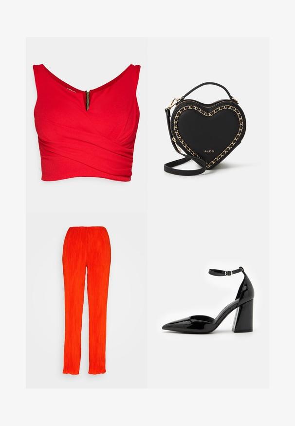 Crop top rouge en tissu lisse avec un décolleté en V profond, présentant un design enwrap diagonal et une fermeture éclair dorée visible à l'avant.; Samsøe Samsøe FRIDAH TROUSERS - Pantalon classique - orange; Chaussure à talon haut en cuir verni noir avec un bout pointu, une bride de cheville et un large talon bloc pour la stabilité, présentant une texture lisse et brillante.; Sac à main en forme de cœur noir en simili cuir, ornée d'une chaîne dorée sur le bord et d'une bandoulière amovible.