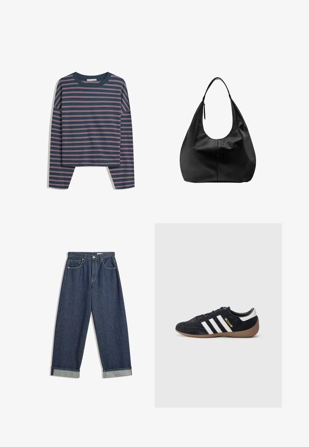 Marineblaues Langarmoberteil mit weißen und rosa horizontalen Streifen; Rundhalsausschnitt; lockere Passform; weicher Stoff; seitliche Schlitze am Saum für mehr Bewegungsfreiheit.; Dunkelblaue, weit geschnittene Jeans aus Denim mit umgeschlagenen Säumen, vorderem Knopf und Reißverschluss, Gürtelschlaufen und fünf Taschen.; Schwarzer Veloursleder-Sneaker mit drei weißen Streifen, Gummisohle und einem kleinen goldenen Logo an der Seite. Verfügt über ein glattes schwarzes Innenfutter.; Schwarze Leder-Hobo-Tasche mit einem breiten Riemen und einem Reißverschlussdetail auf einem schlichten weißen Hintergrund.