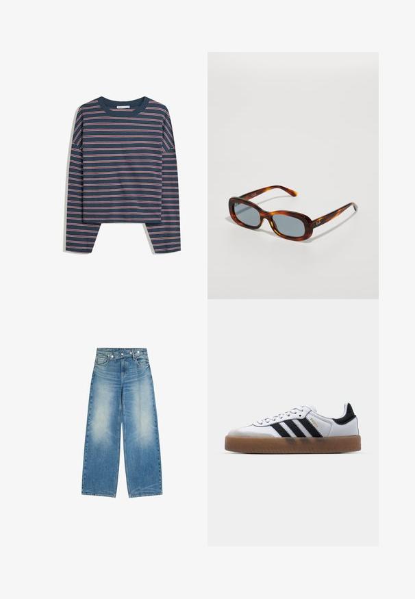 Marineblaues Langarmoberteil mit weißen und rosa horizontalen Streifen; Rundhalsausschnitt; lockere Passform; weicher Stoff; seitliche Schlitze am Saum für mehr Bewegungsfreiheit.; Weit geschnittene blaue Denim-Jeans mit ausgebleichtem Vorderteil, Fronttaschen und einem einzigartigen diagonal geknöpften Taillenbund-Detail.; Weiße Leder Sneakers mit schwarzen Streifen, Gummigummi-Außensohle, runder Zehenform, Schnürverschluss und weichem grauem Wildleder-Zehenkappe.; Braune Schildpatt-Sonnenbrille mit rechteckiger Form, grauen Gläsern und glänzender Oberfläche. Mit Ray-Ban-Logo am Bügel.