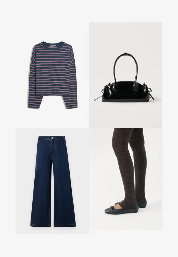 Marineblå langærmet top med hvide og lyserøde vandrette striber; rund hals; afslappet pasform; blødt stof; sideslids i sømmen for nem bevægelse.; Bredde denim jeans i mørkeblå med guld sting, der har en frontknap og lynlåslukning samt et klassisk fem-lomme design.; Ben iført mørke ribbede leggings kombineret med sorte balletsko med små sløjfedetaljer på hvid baggrund.; Lille sort blank håndtaske med to lange håndtag og snøre-detaljer i siden på en ensfarvet lys baggrund.
