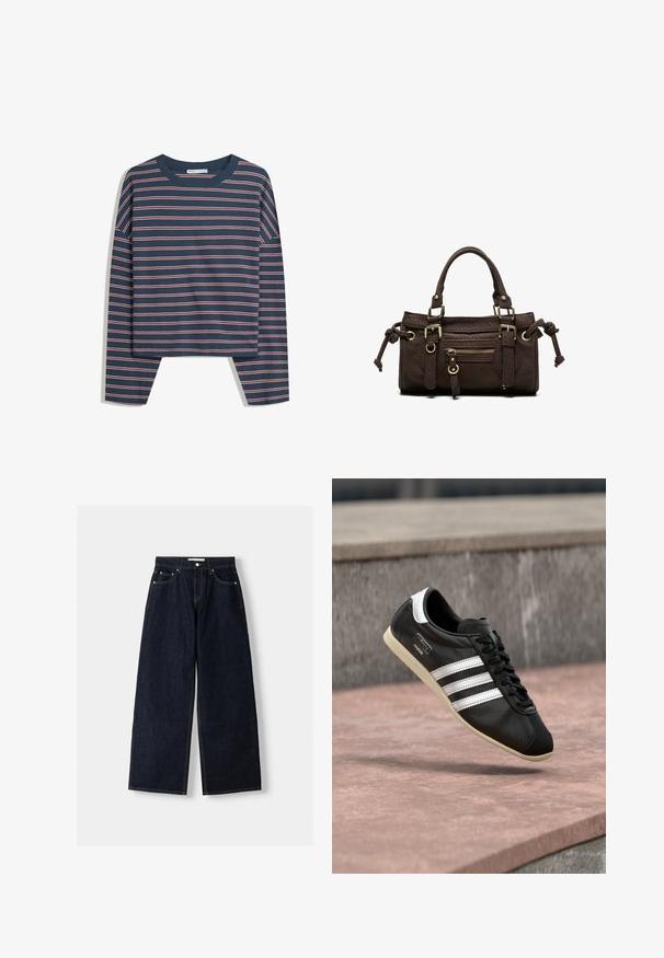 Marineblå langærmet top med hvide og lyserøde vandrette striber; rund hals; afslappet pasform; blødt stof; sideslids i sømmen for nem bevægelse.; Mørkeblå denim wide-leg jeans med høj talje, fem lommer, kontraststing og sølvfarvet metalbeslag. Glat overflade og pæn finish.; Sort lædersneaker med hvide striber og sål, snøret, svævende over en rosa betonoverflade med en grå stenvæg i baggrunden.; Mørkebrun læderhåndtaske med dobbelte håndtag, forreste lynlåslomme, dekorative spænder og sideknuder på hvid baggrund.