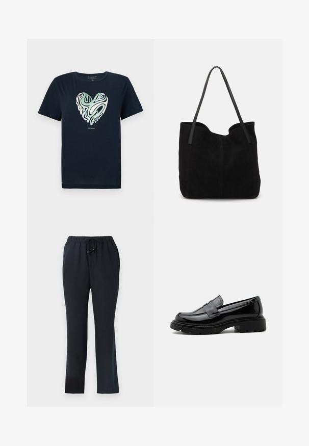 Navyblauwe katoenen T-shirt met een hartvormige graphic in groene en crèmekleurige spiraalpatronen. Ronde hals, korte mouwen en een rechte zoom.; Zwarte, relaxte broek met een elastische tailleband en trekkoord. Gemaakt van lichte stof, met een gladde textuur en rechte benen.; Zwarte glanzende leren loafer met grove profielzool en pennyriem, zijaanzicht op een effen witte achtergrond.; Zwarte suede tote bag met twee lange, platte leren handvatten. Heeft een gebogen bovenrand en zichtbare stiksels aan de voorkant. Geen hardware-accenten.