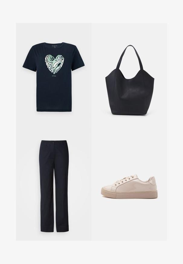 Navyblaue Baumwoll-T-Shirt mit einem herzförmigen Grafikdesign in grünen und cremefarbenen Wirbelmustern. Rundhals, kurze Ärmel und gerader Saum.; Marineblaue Baumwollhose mit geradem Bein, vorne mit Knopfverschluss, ohne sichtbare Muster oder Verzierungen.; Glänzender beigefarbener Low-Top-Sneaker mit Schnürsenkeln, goldenen Ösen und dicker Gummisohle, seitlich auf weißem Hintergrund gezeigt.; Schwarze Tote-Bag aus glattem Leder, mit einem abgerundeten, offenen Oberteil, zwei Schulterträgern und einem minimalistischen Design.