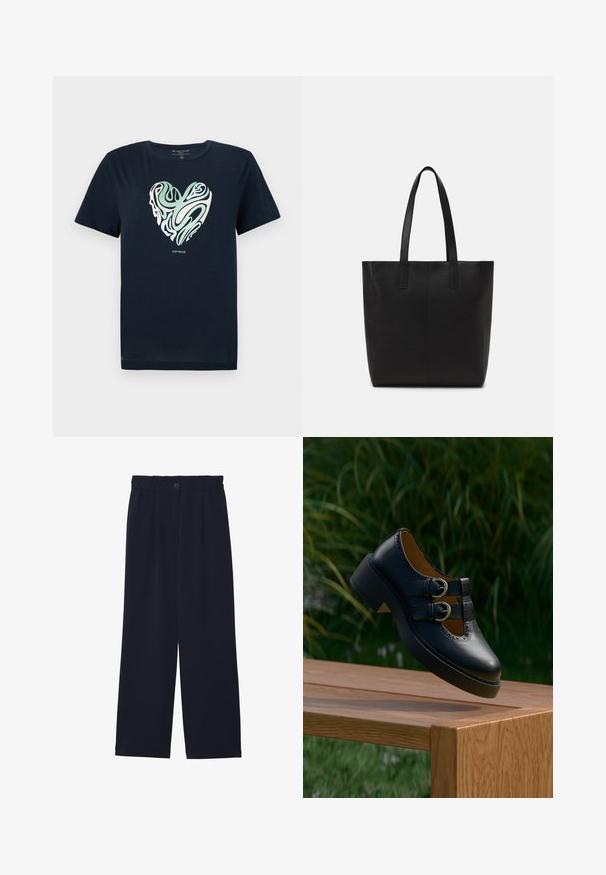 Navyblaue Baumwoll-T-Shirt mit einem herzförmigen Grafikdesign in grünen und cremefarbenen Wirbelmustern. Rundhals, kurze Ärmel und gerader Saum.; Helles Marineblaue weit geschnittene Hose mit glatter Textur, elastischem Bund, einem vorderen Bügel und einem Knopfverschluss an der Taille.; Schwarzer Lederschuh mit doppelter Schnalle und perforierten Details, der über einer Holzbank im Freien mit grünem Gras und Pflanzen im Hintergrund schwebt.; Schwarze Einkaufstasche aus strukturiertem Material, mit zwei langen Tragegriffen und einem einfachen, minimalistischen Design ohne sichtbare Beschläge.