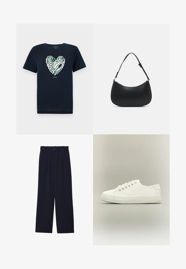 Navyblauwe katoenen T-shirt met een hartvormige graphic in groene en crèmekleurige spiraalpatronen. Ronde hals, korte mouwen en een rechte zoom.; Marineblauwe wijde broek met een gladde textuur, elastische tailleband, enkele plooien aan de voorkant en een knoopsluiting in de taille.; Witte lage sneaker met witte veters en rubberen zool, zijaanzicht op een neutrale achtergrond.; Pieces PCALUANA SHOULDER BAG - Handtas - black