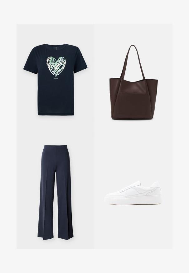 T-shirt en coton bleu marine avec un graphique en forme de cœur aux motifs tourbillonnants verts et crème. Col rond, manches courtes et ourlet droit.; Pantalon large bleu marine avec fentes latérales, taille haute et devant lisse, présenté sur un fond blanc.; Baskets basses blanches avec semelle épaisse, design à lacets et détails de couture subtils sur un fond clair uni.; Sac fourre-tout brun en matériau lisse, avec une grande poche avant, deux poignées et un design structuré simplifié.