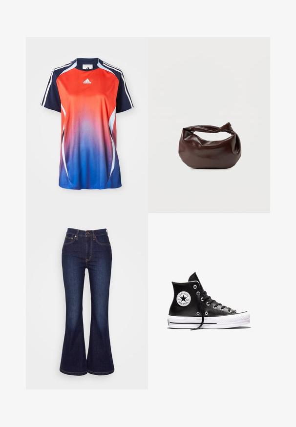 Adidas kortærmet sports T-shirt med en gradient fra rød til blå, med marineblå akcenter og hvide striber langs skuldrene.; Mørkeblå flagrende jeans lavet af denim; har høj talje, frontlukning med knap og diskret syning langs lommer og sømme.; Sort højtliggende Converse Chuck Taylor All Star sneaker med hvid gummisål og logo-patch på anklen, vist på en hvid baggrund.; Mørkebrun læder skuldertaske med en blød, afslappet form og et snoet knudehåndtag på en ensartet hvid baggrund.