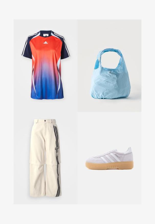 Adidas športová košeľa s krátkym rukávom s gradientom od červenej po modrú, s námorníckymi akcentmi a bielymi pruhmi pozdĺž ramien.; Bežové nohavice s širokými nohavicami vyrobené z bavlny, s čiernym trojpruhovým dizajnom po boku a nášivkou loga Adidas na stehne.; Biela semišová teniska Adidas s gumovou podrážkou, tromi bielymi pruhmi a nápisom "Spezial" na boku, zobrazená z vnútornej strany.; Svetlomodrá opakovane použiteľná nákupná taška so širokými rukoväťami, mierne pokrčená tkanina, stojaca vzpriamene na jednoduchom bielom pozadí.
