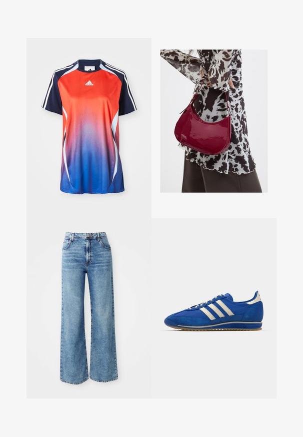 Adidas športová košeľa s krátkym rukávom s gradientom od červenej po modrú, s námorníckymi akcentmi a bielymi pruhmi pozdĺž ramien.; Svetlomodré rifľové nohavice so širokými nohavicami a vysokým pásom, obsahujúce päť vreciek, uzatváranie pomocou horného gombíka a kontrastné šitie pozdĺž švov.; Modré semišové tenisky s nízkym profilom, ktoré majú tri biele pruhy, textúrovaný špičkový kryt a podošvu z gumy.; Žena v čierno-bielom vzorovanom blúzke drží lesklú červenú kabelku cez rameno na jednofarebnom pozadí.
