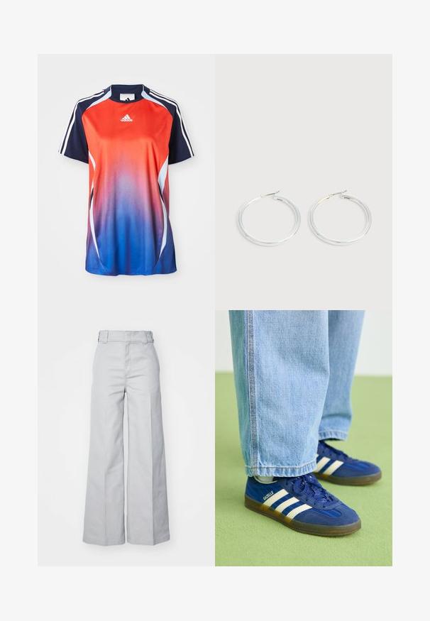 Adidas športová košeľa s krátkym rukávom s gradientom od červenej po modrú, s námorníckymi akcentmi a bielymi pruhmi pozdĺž ramien.; Svetlošedé nohavice s širokými nohavicami vyrobené z bavlneného zmesi, so zvýšeným pásom, štruktúrovaným pásom a viditeľným prešívaním.; Modré semišové tenisky s bielymi pruhmi a textúrovanými vzormi, obuté s svetlomodrými džínsami, na pozadí zelenej farby.; Pár lesklých strieborných kruhových náušníc s tenkými drôtenými zapínaniami, zobrazených na svetlo šedom pozadí.