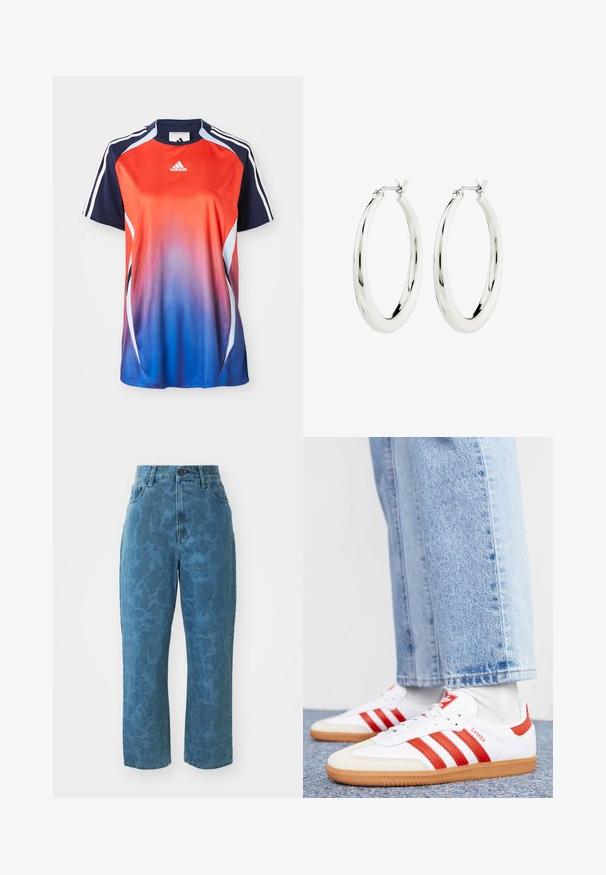 Adidas športová košeľa s krátkym rukávom s gradientom od červenej po modrú, s námorníckymi akcentmi a bielymi pruhmi pozdĺž ramien.; Svetlomodré denim nohavice s jemnou vzorovanou textúrou, vysokým pásom a rovný strih. Obsahujú predné zapínanie na gombík a zips.; Biele kožené tenisky s červenými pruhmi a akcentmi. Majú štruktúrovanú gumovú podrážku a polstrovaný golier. Nosené s svetlomodrými džínsami.; Strieborné kruhové náušnice s hladkým, lesklým povrchom. Obľúbený tvar, vybavené bezpečným zapínaním. Jednoduchý a elegantný dizajn.