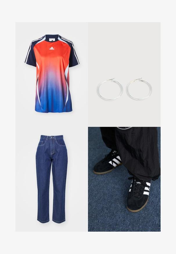 Adidas kortærmet sports T-shirt med en gradient fra rød til blå, med marineblå akcenter og hvide striber langs skuldrene.; Mørkeblå denim jeans med høj talje, lige ben, fem lommer og kontrastsyninger. Klassisk design med en glat tekstur.; Sorte suedetrainingssko med tre hvide striber og sorte snørebånd. Et tekstureret sort bukser er delvist synligt ved siden af skoene.; Par skinnende sølvøreringe med tynde trådlåse, vist på en lys grå baggrund.