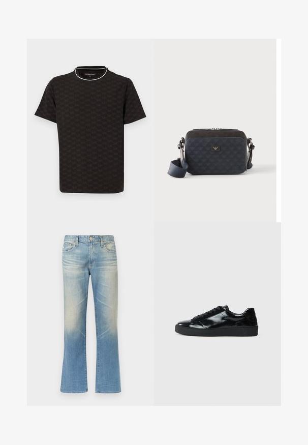 T-shirt noir à manches courtes avec un motif subtil de logo MK en all-over, doté d'une bordure de col blanche contrastante et d'une coupe décontractée.; Jean évasé en denim bleu clair avec une finition délavée, design à cinq poches, fermeture par bouton en métal et ourlets droits.; Baskets en cuir verni noir avec un bout arrondi, un laçage, une semelle en caoutchouc texturé et une finition lisse.; Sac bandoulière rectangulaire bleu foncé avec sangle réglable, fermeture éclair et motif subtil du logo sur le panneau avant.