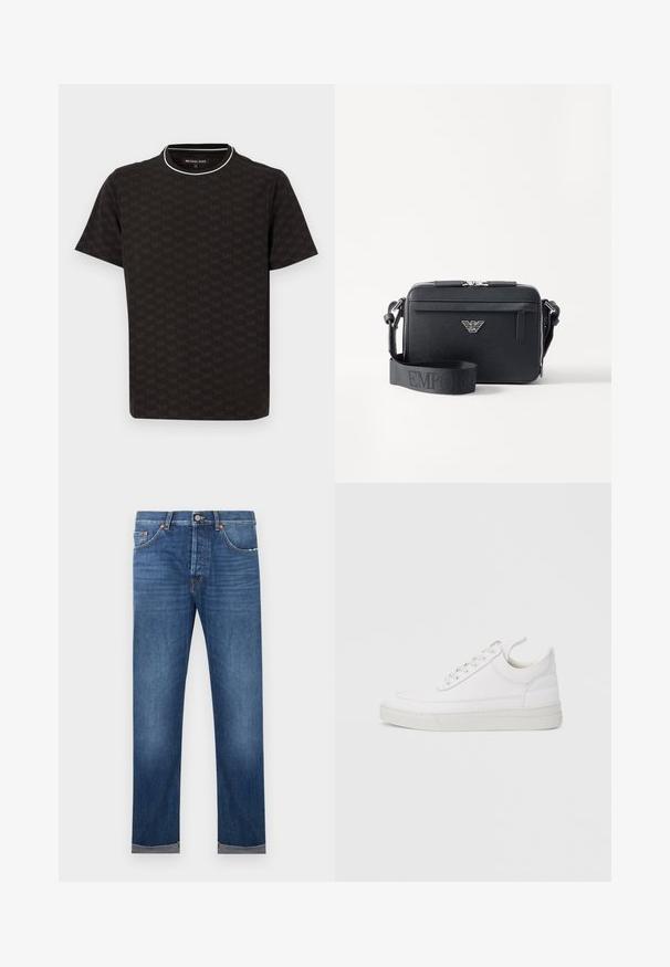 T-shirt noir à manches courtes avec un motif subtil de logo MK en all-over, doté d'une bordure de col blanche contrastante et d'une coupe décontractée.; Jean droit pour homme en denim bleu avec fermeture par bouton, design à cinq poches, et ourlets retroussés sur fond blanc.; Baskets en cuir blanc avec un embout arrondi, une semelle plate et un laçage à l'avant. Présentent des détails de couture et un col rembourré pour plus de confort.; Sac bandoulière noir en matériau texturé. Comprend une fermeture zippée, une poche zippée à l'avant et un accent en métal avec logo. Inclut une bandoulière réglable.