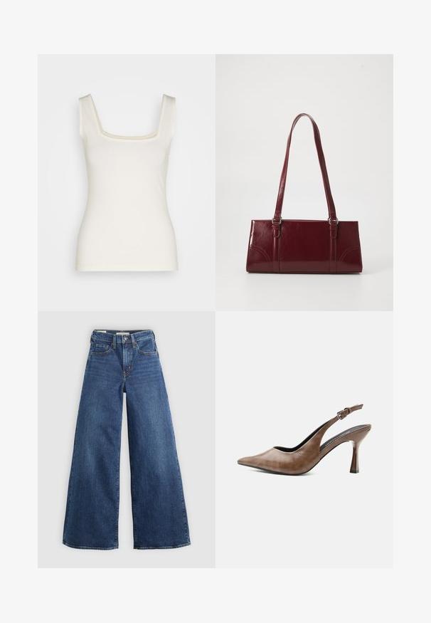 Débardeur couleur crème avec un décolleté carré, des bretelles fines et une silhouette ajustée. Fabriqué en tissu doux et extensible. Pas de motifs ni d'accents.; Jean en denim bleu à jambes larges avec cinq poches, une fermeture à bouton et des coutures contrastées, offrant une finition douce et texturée.; Chaussure slingback en cuir marron à talons hauts, bout pointu, bride ajustable à boucle et talon fin et effilé.; Sac à main bordeaux en matériau brillant, de forme rectangulaire, avec deux anses et des accents légèrement courbés à l'avant.
