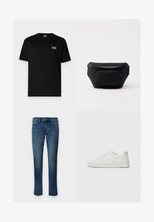 Μαύρη βαμβακερή μπλούζα t-shirt με κοντά μανίκια, στρογγυλή λαιμόκοψη και μικρό λευκό λογότυπο EA7 στο αριστερό στήθος. Λείο υλικό, κανονική εφαρμογή.; Τζιν παντελόνι σε μεσαία μπλε απόχρωση. Διαθέτει σχέδιο ίσιας γραμμής, στυλ πέντε τσέπες, εμπρόσθιο φερμουάρ και αντίθετα ραφές.; Λευκό δερμάτινο sneakers με λείο φινίρισμα, στρογγυλή μύτη, επίπεδα κορδόνια και υφή στην σόλα. Φέρει μια διακριτική λογότυπο στη φτέρνα.; Μαύρη νάιλον τσάντα με μπροστινή τσέπη με φερμουάρ, που διαθέτει λεία υφή και λογότυπο. Δομή με επιτηδευμένο σχέδιο και αναδιπλούμενη θήκη.