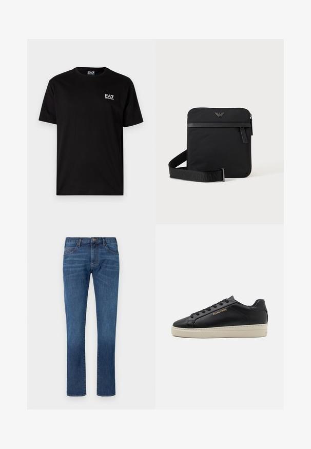 Camiseta de algodón negra con mangas cortas, cuello redondo y pequeño logo blanco de EA7 en el lado izquierdo del pecho. Textura suave, ajuste regular.; Vaqueros de mezclilla azul con corte recto, que cuentan con un diseño clásico de cinco bolsillos y cierre de botones. Sutil desgaste en la textura de la tela.; Zapatilla de cuero negra con un acabado suave, suela crema en contraste, puntera redonda, logo dorado en el lateral y seis ojales para los cordones.; Bolso de hombro negro cuadrado con cierre de cremallera, bolsillo delantero y correa ajustable con nombre de marca en relieve.
