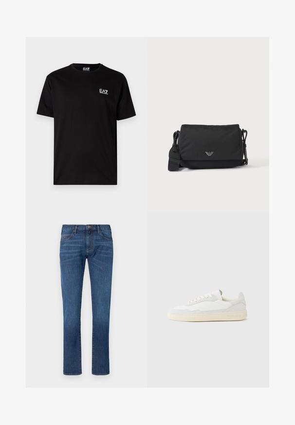Μαύρη βαμβακερή μπλούζα t-shirt με κοντά μανίκια, στρογγυλή λαιμόκοψη και μικρό λευκό λογότυπο EA7 στο αριστερό στήθος. Λείο υλικό, κανονική εφαρμογή.; Μπλε τζιν παντελόνι με ίσια εφαρμογή στο πόδι, που διαθέτει το κλασικό σχέδιο με πέντε τσέπες και κλείσιμο με κουμπί. Υποτονική ξεθώριαση στην υφή του υφάσματος.; Λευκό αθλητικό παπούτσι με επάνω μέρος από σουέτ και δέρμα με υφή. Διαθέτει στρογγυλή μύτη, κλείσιμο με κορδόνια και αντίθετη μπεζ καουτσούκ σόλα.; Μαύρη τσάντα ώμου με ρυθμιζόμενο λουράκι και μικρό ασημί λογότυπο στην εμπρόσθια επικάλυψη, εμφανιζόμενη σε απλό φωτεινό φόντο.