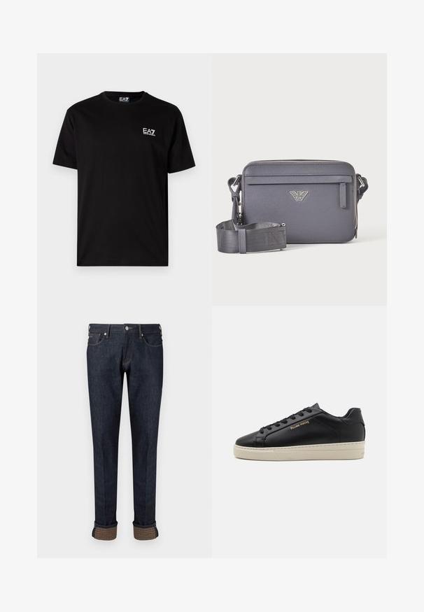 Schwarzes Baumwoll-T-Shirt mit kurzen Ärmeln, Rundhalsausschnitt und kleinem weißen EA7-Logo auf der linken Brust. Glatte Textur, normale Passform.; Dunkelblaue Jeans aus Denim mit geradem Bein, ausgestattet mit einem umgeschlagenen Saum und einem markanten Akzent aus braunem Stoff auf den Bündchen.; Schwarze Leder-Sneaker mit glatter Oberfläche, kontrastierender cremefarbener Sohle, abgerundeter Spitze, goldfarbenem Logo an der Seite und sechs Ösen für die Schnürsenkel.; Dunkelgraue rechteckige Umhängetasche mit verstellbarem Riemen, vorderer Reißverschlusstasche und silbernem Logo-Emblem.