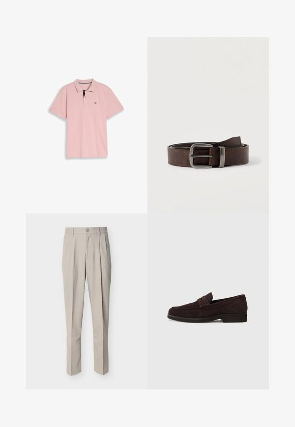 Polo à manches courtes rose clair avec deux boutons et petit logo noir sur le côté gauche de la poitrine, sur un fond uni.; Pantalon beige pour hommes, coupe ajustée, avec plis devant, passants pour ceinture, fermeture à bouton, et coupe droite, présenté sur fond blanc.; Mocassins en daim marron avec une silhouette basse et un embout arrondi. Présentent une sangle décorative sur le dessus, une semelle en caoutchouc plate et sans couture visible.; Ceinture en cuir marron foncé avec une boucle rectangulaire en argent, enroulée et placée sur un fond clair et neutre.