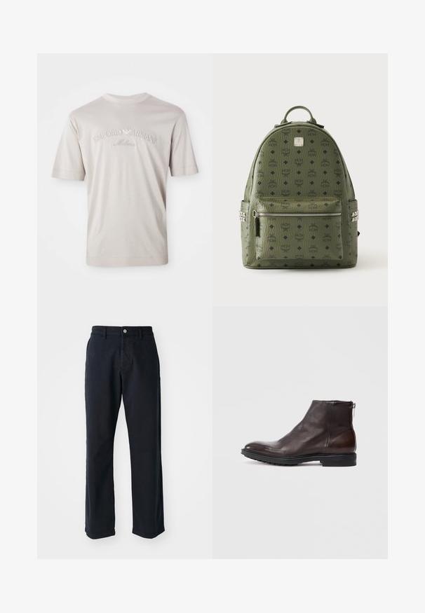 Lyse beige kortærmet t-shirt lavet af blødt stof, med broderet "Emporio Armani Milano" logo i en lidt mørkere nuance.; Marineblå bomuldsbukser i lige ben-design, med en frontlukning med knap og to sidelommer. Glat tekstur, ingen synlige mønstre.; Mørkebrune læder ankelstøvler med lynlås i siden, sort sål med mønster og lav hæl, vist i profil mod hvid baggrund.; Grøn tekstureret læderrygsæk med sort MCM logo mønster, front lynlås lomme, top håndtag og sølv nitter på sidestropperne.