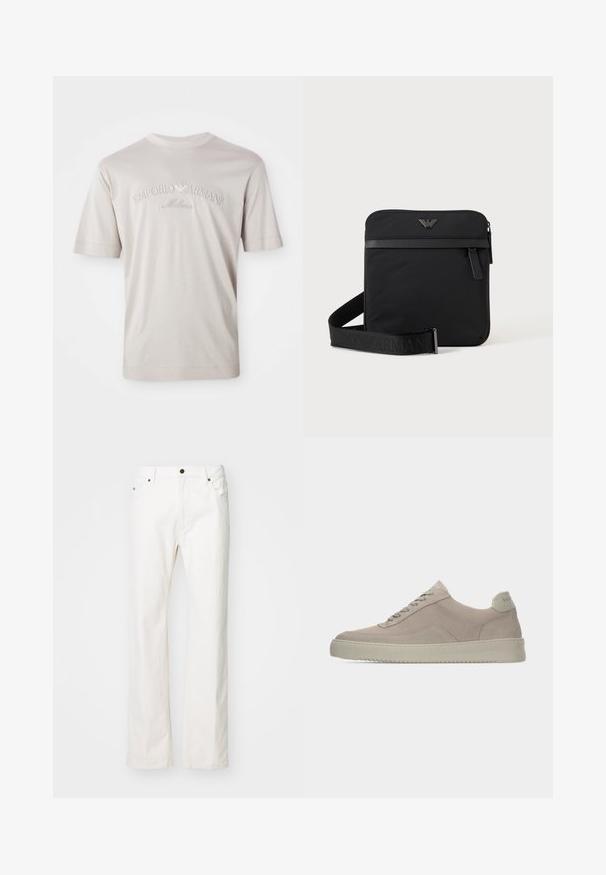 Lichtbeige t-shirt met korte mouwen van zachte stof, voorzien van een geborduurd "Emporio Armani Milano" logo in een iets donkere tint.; Witte denim jeans met een rechte pijp ontwerp, voorzien van vijf zakken, een metalen knoopsluiting en minimale stikseldetails.; Beige suède sneakers met een gestructureerde afwerking, ronde neus en tonale veters. Voorzien van een dikke rubberen zool en subtiele branding op de hiel.; Zwarte vierkante schoudertas met ritssluiting, voorvak en verstelbare band met geperste merknaam.