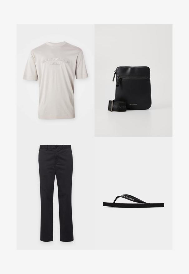 Camiseta de manga corta color beige claro, hecha de una tela suave, con el logo bordado "Emporio Armani Milano" en un tono ligeramente más oscuro.; Pantalones de algodón negros con un diseño de pierna recta, que cuentan con cierre de botón y passantes para el cinturón. Textura suave, sin patrones ni acentos visibles.; Sandalia negra tipo chancla con tiras finas que presentan la marca "Armani Exchange" sobre un fondo neutro.; Bolso bandolera de cuero negro con un bolsillo frontal con cremallera, textura suave y una correa desmontable con un patrón de logotipos.