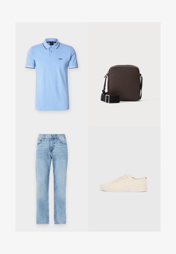 Polo à manches courtes bleu clair avec patte à deux boutons, bordure noire et blanche sur le col et les manches, et logo "BOSS" sur le côté gauche de la poitrine.; Jean denim bleu clair droit avec poches avant, passants pour ceinture, bouton et fermeture éclair.; Baskets en toile beige avec bout arrondi, semelle en caoutchouc plate et lacets à l'avant. Présente un design minimaliste et un accent noir contrastant au niveau du talon.; Petit sac bandoulière en cuir marron avec une bandoulière noire réglable et des boucles argentées, embossé avec le logo BOSS au centre devant.