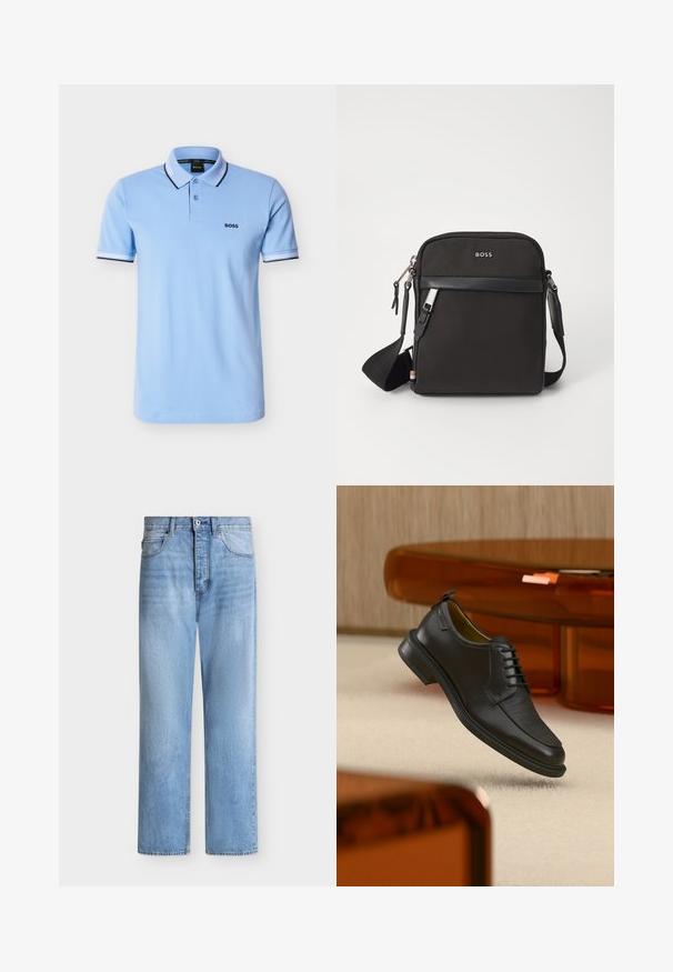 Polo à manches courtes bleu clair avec patte à deux boutons, bordure noire et blanche sur le col et les manches, et logo "BOSS" sur le côté gauche de la poitrine.; Jean droit en denim bleu clair avec fermeture par bouton et zip, poches avant et arrière, et passants de ceinture à la taille.; Chaussure habillée noire en cuir à lacets avec devant texturé, flottant au-dessus d'un tapis beige dans une pièce moderne avec des meubles teintés d'ambre.; Sac bandoulière noir en tissu texturé, avec un logo sur le devant, fermeture éclair et une bandoulière réglable. Finitions en cuir lisse.