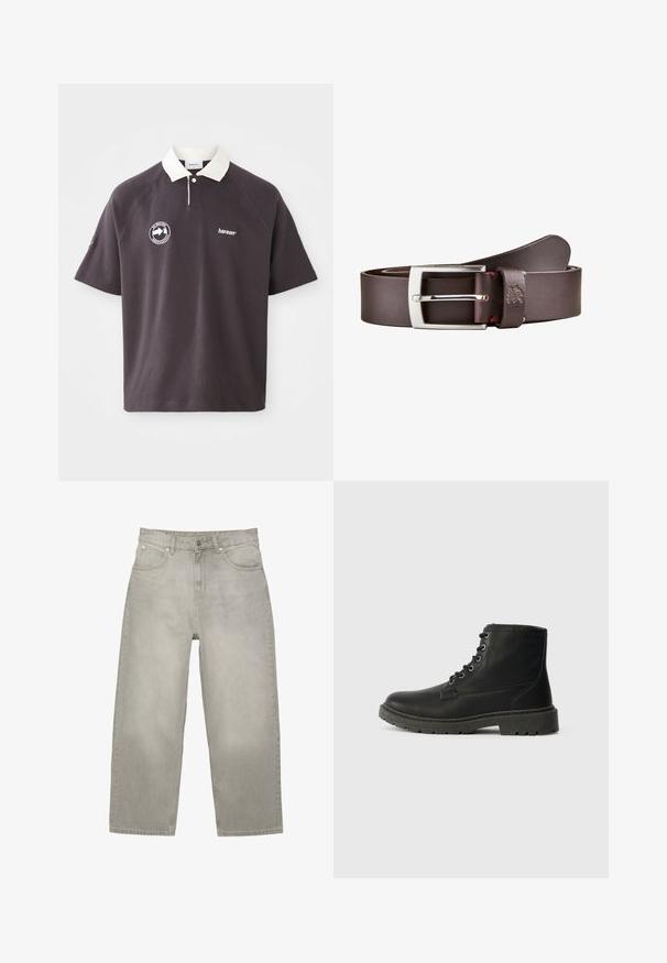 Dunkelgrau Poloshirt mit einem weißen Kragen, gesticktem Logo auf der Brust und kurzen Raglanärmeln. Hergestellt aus weichem Material.; Hellgraue Jeans mit geradem Bein, vorderen Taschen, Gürtelschlaufen und einem Verschluss mit Knopf und Reißverschluss, flach auf einem weißen Hintergrund ausgelegt.; Schwarze Leder-Ankle-Boots mit Schnürdesign, dicker Gummisohle, strukturiertem Finish und verstärkten Nähten. Mit minimalistischer Markenkennung.; LERROS BUD - Gürtel - dark brown