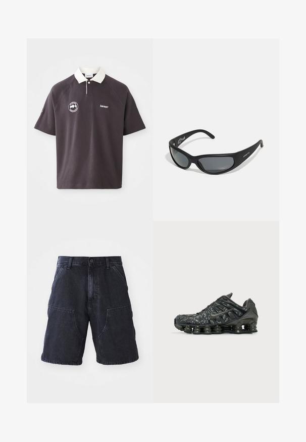 Dunkelgrau Poloshirt mit einem weißen Kragen, gesticktem Logo auf der Brust und kurzen Raglanärmeln. Hergestellt aus weichem Material.; Dunkelblaue Denim-Shorts mit geradem Schnitt, großen Fronttaschen und Knopfverschluss; glatte Textur und minimale Nähdetails.; Schwarzer Nike Laufschuh mit segmentierter Sohlenpolsterung und weiß gesprenkeltem Muster auf dem oberen Stoff, von der Außenseite gezeigt.; Schwarze Sonnenbrille mit einem geschwungenen Rahmen und dunklen Gläsern. Sie verfügt über eine matte Oberfläche und den Markennamen "ARNETTE" an der Seite.
