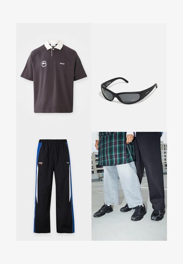 Polo de color gris oscuro con cuello blanco, logo bordado en el pecho y mangas raglán cortas. Fabricado en material suave.; Pantalones deportivos negros con franjas laterales azules y blancas, cinturilla elástica y pequeños logotipos "moto" y "bare" en blanco y rojo en la parte delantera.; Zapatillas deportivas negras con acentos de malla y goma. Combinadas con jeans de pierna ancha de color gris claro y una blusa de cuadros verdes. Fondo de superficie plana.; Gafas de sol negras con un marco curvado y lentes oscuros. Presentan un acabado mate y el nombre de la marca "ARNETTE" en el lateral.