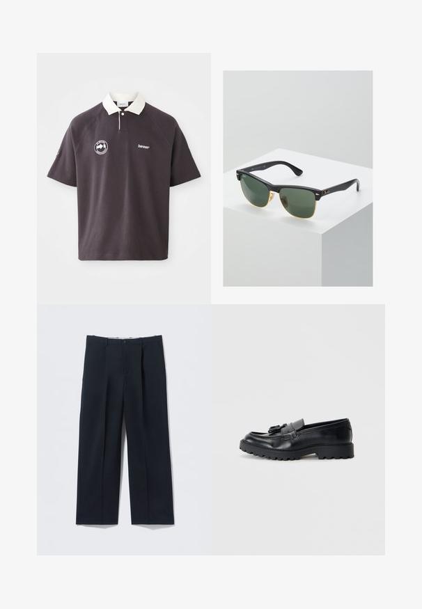 Dunkelgrau Poloshirt mit einem weißen Kragen, gesticktem Logo auf der Brust und kurzen Raglanärmeln. Hergestellt aus weichem Material.; Dunkelblaue Hose aus glattem Stoff, mit tailliertem Schnitt, zwei Vordertaschen und Knopfverschluss.; Schwarze Lederloafers mit glanzendem Finish, klobiger Gummisohle und dekorativem Quastendetail auf der Vorderseite.; Ray-Ban Sonnenbrillen mit grünen Gläsern, schwarzen Kunststoffrahmen und goldenen Akzenten an den Rändern. Quadratische Form mit matter Oberfläche.