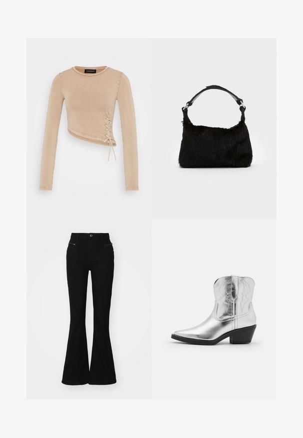 Top court à manches longues en beige clair, avec un détail à lacets sur le côté. Fabriqué en tissu doux avec une texture lisse et un col arrondi.; Jean flare noir à taille haute, avec poches avant et détails zippés. Fabriqué en denim avec une texture lisse.; Bottes de cowboy en cuir argenté avec un bout pointu, des détails brodés sur la tige et un talon noir modéré. Surface lisse et brillante.; Sac à main en fausse fourrure noire avec une texture douce, une forme arrondie et une bandoulière en cuir noir robuste. Accent en métal argenté visible.